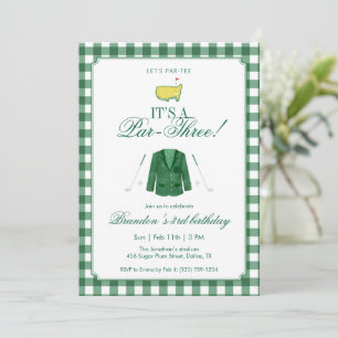 Invitación Es un verde gingham de cumpleaños número 3 de golf