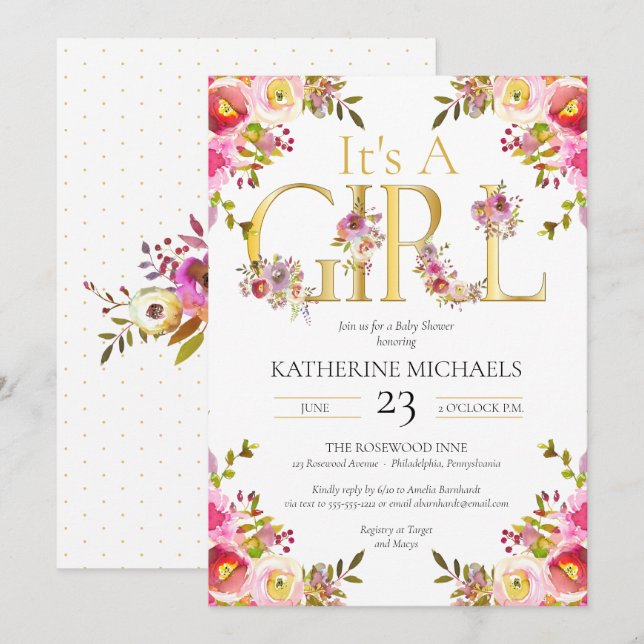 Invitación Es Una Acuarela Chica Que Florece Baby Shower Flor (Anverso / Reverso)
