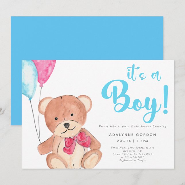 Invitación Es una acuarela de Boy Teddy Bear Baby Shower Cue (Anverso / Reverso)