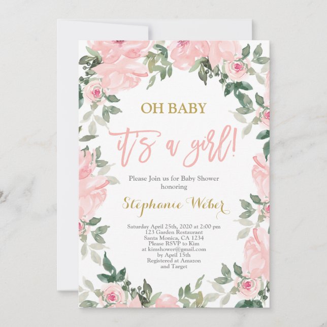 Invitación Es una acuarela rosa Chica flora chica bebé (Anverso)