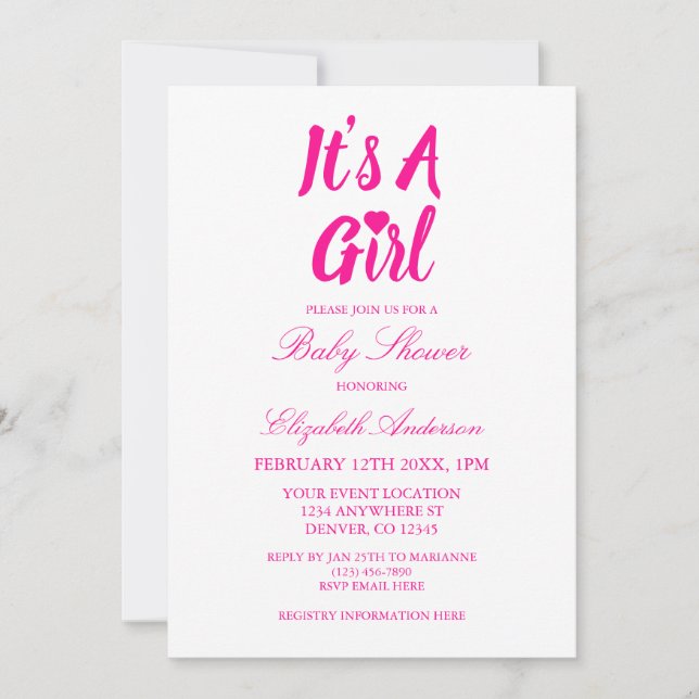 Invitación Es una Baby Shower de corazón Chica (Anverso)