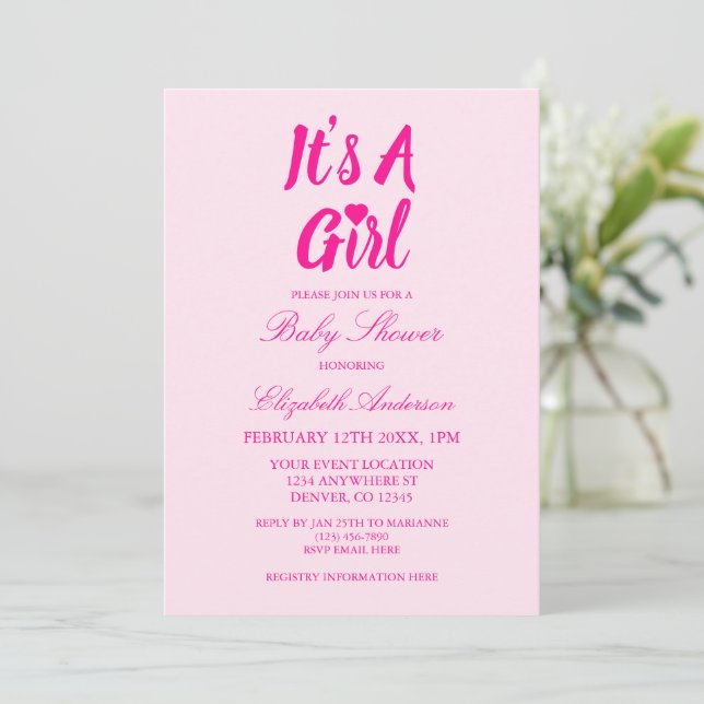 Invitación Es una Baby Shower de corazón Chica (Anverso de pie)