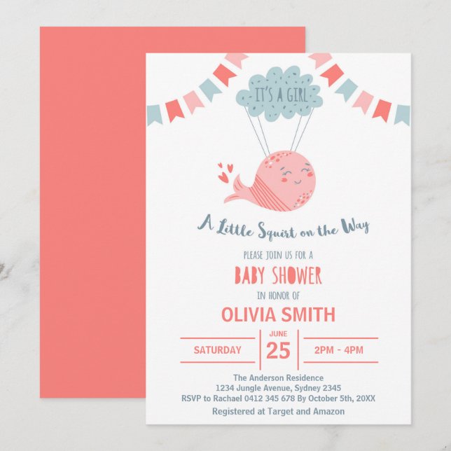 Invitación Es una ballena rosa linda niña volando en la nube  (Anverso / Reverso)