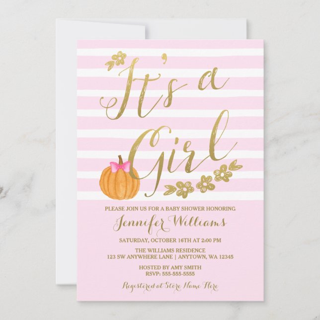 Invitación Es una caída Baby Shower de la calabaza del chica (Anverso)