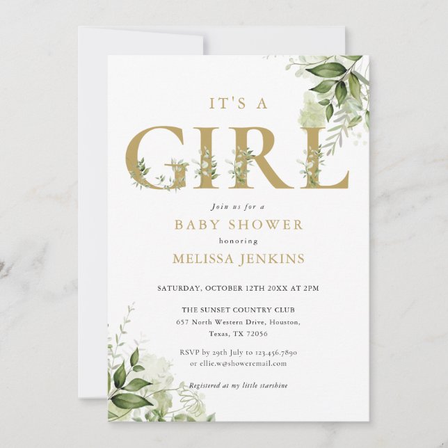 Invitación Es una carta de oro botánico Chica Baby Shower (Anverso)