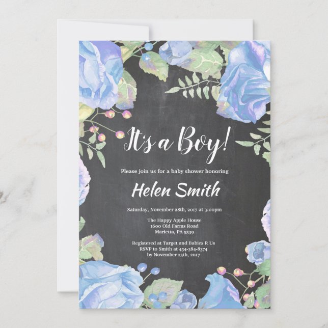 Invitación Es una cartelera de Baby Shower de Boy Blue Floral (Anverso)