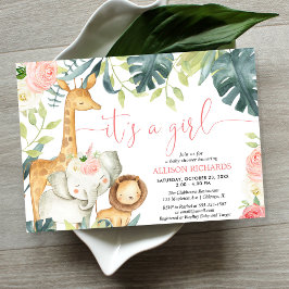 Invitación Es una Chica acuarela, animales de safari, una duc