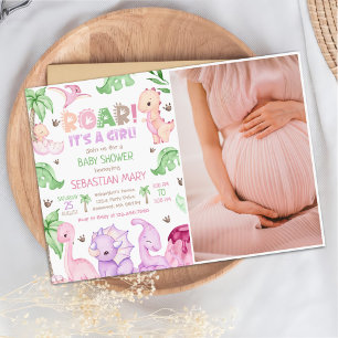 Invitación Es una Chica acuarela Dinosaur Baby Shower Photo