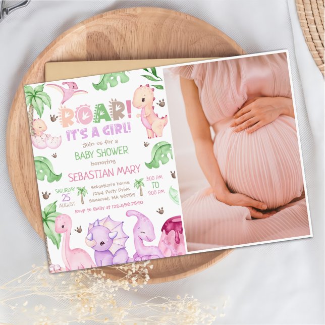 Invitación Es una Chica acuarela Dinosaur Baby Shower Photo (Subido por el creador)