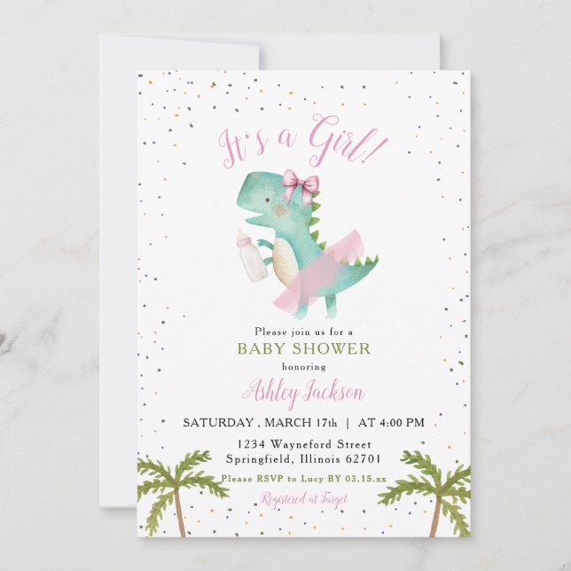 Invitación Es una Chica Ballerina Dinosaur Baby Shower (Anverso)
