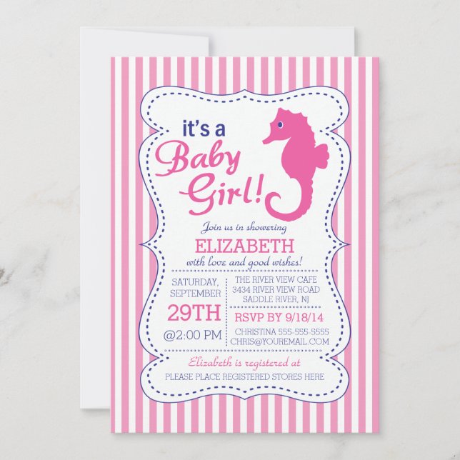Invitación Es una chica bebé, caballito de mar, Baby Shower n (Anverso)
