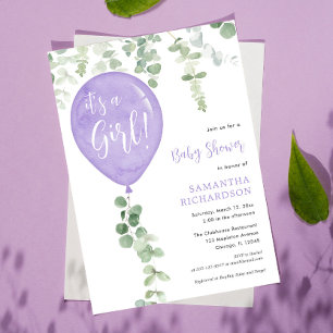 Invitación Es una chica de globos morados eucalipto bebé duch