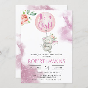 Invitación Es una Chica, Elephant Balloon Baby Shower Invitat