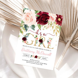 Invitación Es una Chica Floral Rosa Borgoña ducha bebé