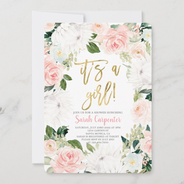 Invitación Es una Chica floral rosa ducha bebé (Anverso)
