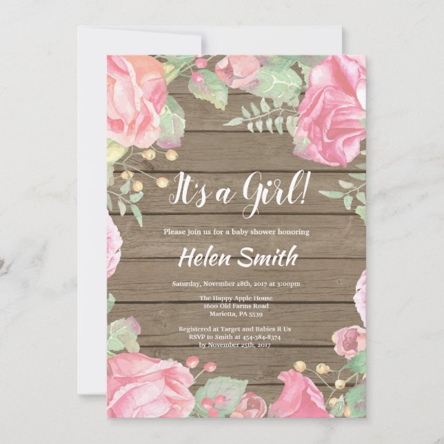 Invitación Es una Chica floral rosada Baby Shower Rustic Wood (Anverso)