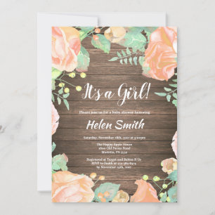 Invitación Es una Chica floral rosada Baby Shower Rustic Wood