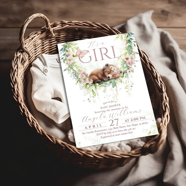 Invitación Es una Chica Floral Woodland Bear Girl Shower (Subido por el creador)