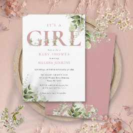 Invitación Es una Chica Greenery Dusty Letra Rosa Baby Shower