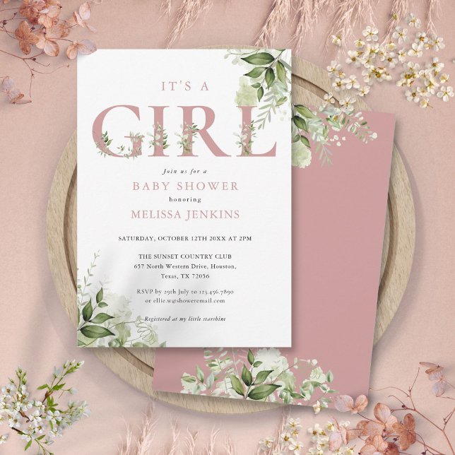 Invitación Es una Chica Greenery Dusty Letra Rosa Baby Shower (Its A Girl Greenery Dusty Rose Letter Baby Shower Invitation)