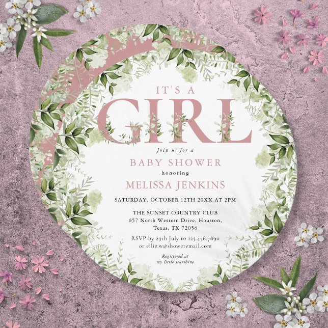 Invitación Es una Chica Greenery Dusty Letra Rosa Baby Shower (Its A Girl Greenery Dusty Rose Letter Baby Shower Invitation)