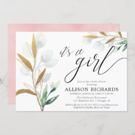 Invitación Es una chica moderna y verde ducha de bebé dorada 