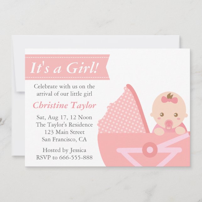 Invitación Es una Chica niña pequeña en Stroller Baby Shower (Anverso)