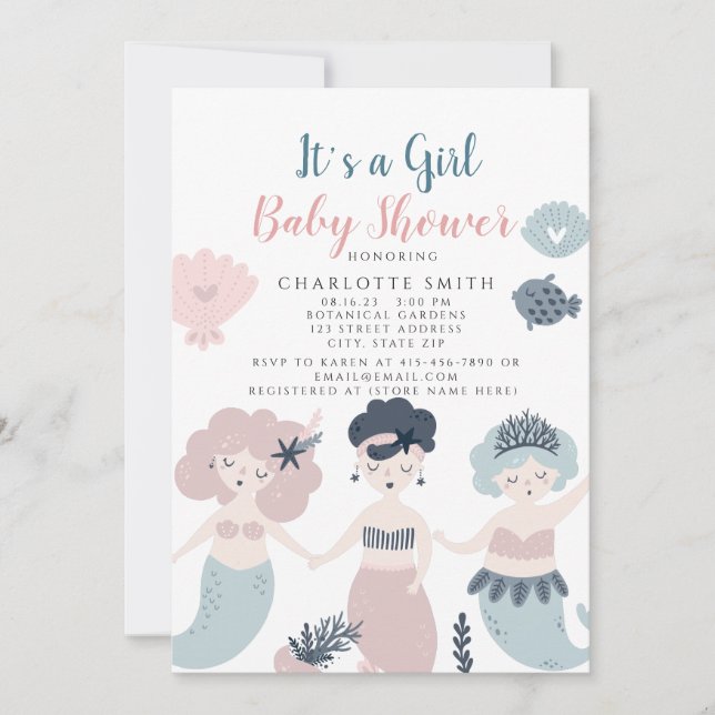 Invitación Es una Chica Pequeña sirena de ducha de bebé Invit (Anverso)