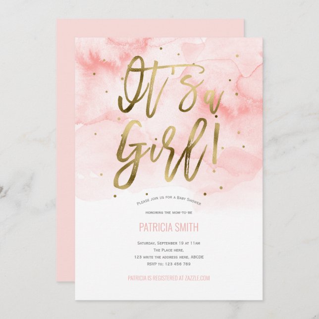 Invitación Es una chica, rosa, acuarela, ducha de bebé (Anverso / Reverso)