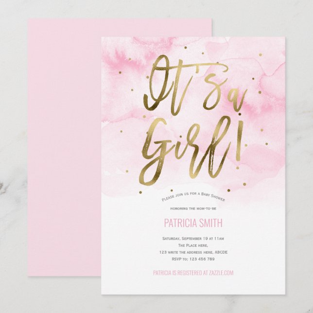 Invitación Es una chica, rosa, acuarela, ducha de bebé (Anverso / Reverso)