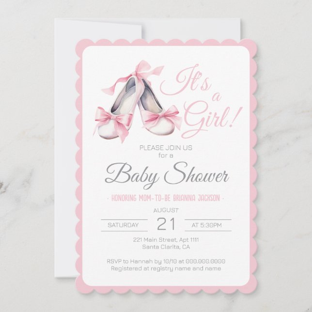 Invitación Es una Chica Rubor Pink Ballerina Baby Shower (Anverso)