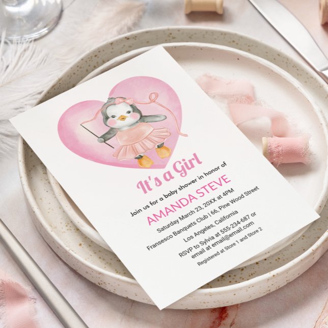 Invitación Es una ducha de bebé blanca de pingüino rosa chica (Subido por el creador)