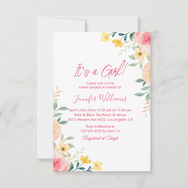 Invitación es una ducha de bebé chica, acuarela rosa y floral (Anverso)