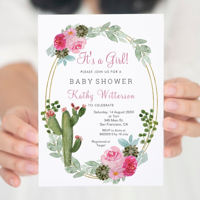 Invitación Es una ducha de bebé Chica de Cactus Rosa Floral (Subido por el creador)