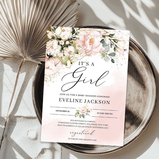 Invitación Es una ducha de bebé chica de oro floral rosa (It's a girl pink floral gold boho baby shower invitation)