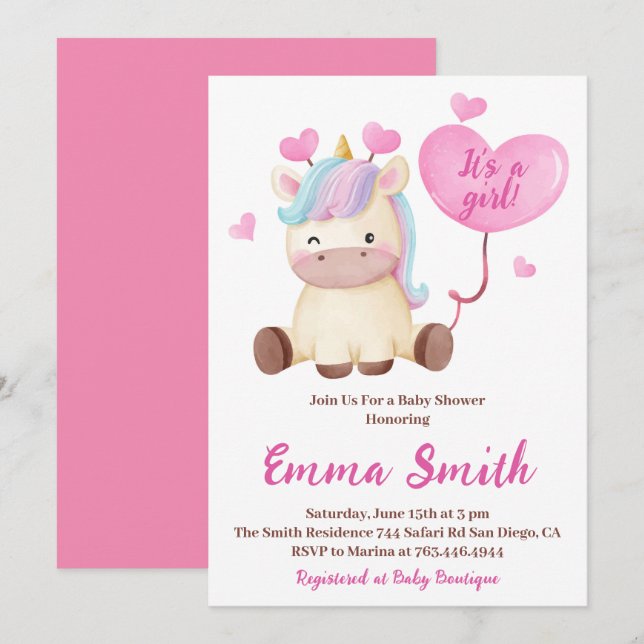 Invitación Es una ducha de bebé con acuarela de unicornio de  (Anverso / Reverso)