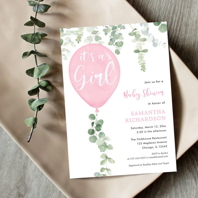 Invitación Es una ducha de bebé con un globo rosa chica eucal (Subido por el creador)