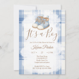 Invitación Es una ducha de bebé de gingham azul para niño