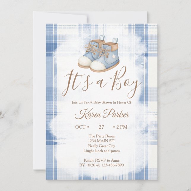 Invitación Es una ducha de bebé de gingham azul para niño (Anverso)