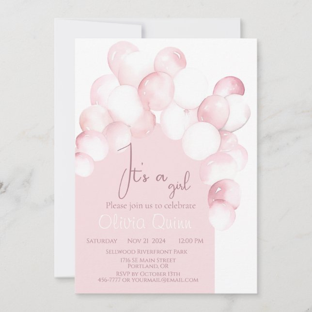 Invitación Es una ducha de bebé de globos rosados chicas (Anverso)
