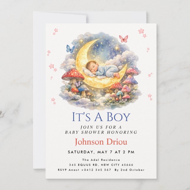 Invitación Es una ducha de bebé de hongo del bosque Es un niñ (Anverso)