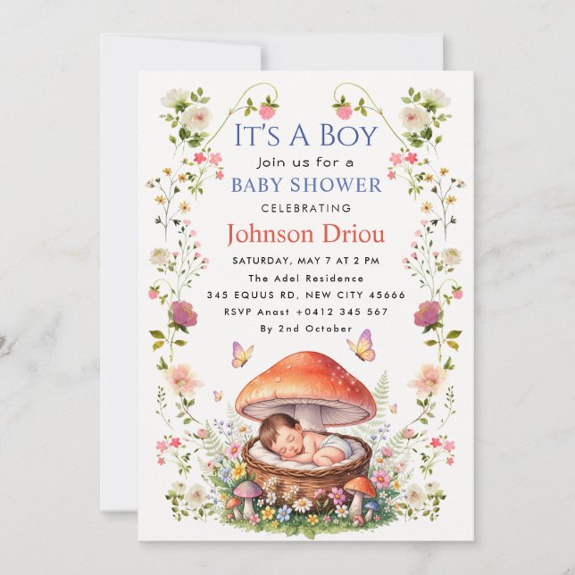 Invitación Es una ducha de bebé de hongo del bosque Es un niñ (Anverso)