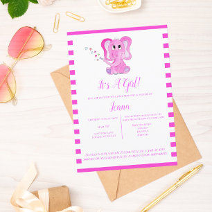 Invitación Es una ducha de bebé de niña con elefante acuarela