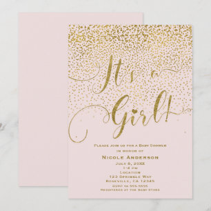 Invitación Es una ducha de bebé de niña rosa y confeti dorado