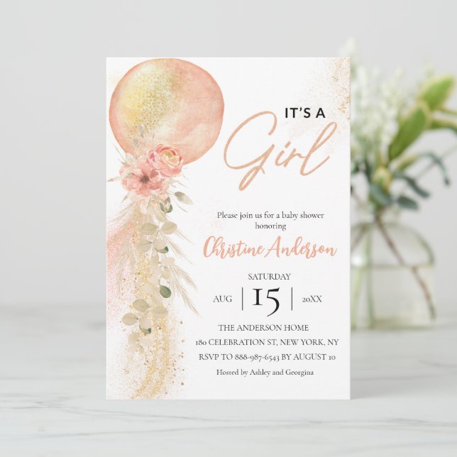 Invitación Es una ducha de bebé de un globo rosa Chica Eucaly (Anverso de pie)