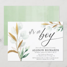 Es una ducha de bebé dorada moderna y verde