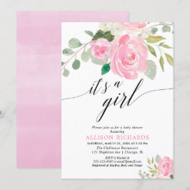 Invitación Es una ducha de bebé floral de color rosa chica