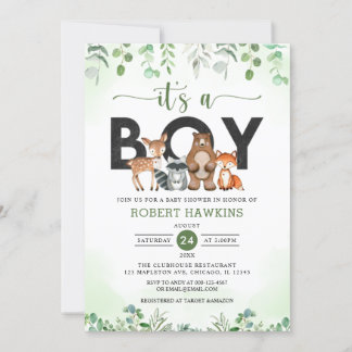 Invitación Es una ducha de bebé para animales de bosque fores