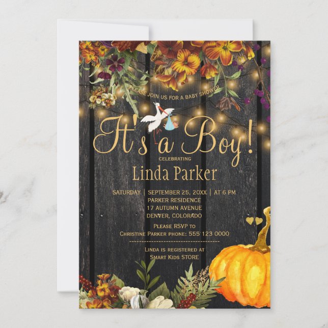 Invitación Es una ducha para bebé niño rústico de otoño con c (Anverso)