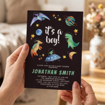 Es una fiesta de baby shower de galaxia de dinosau